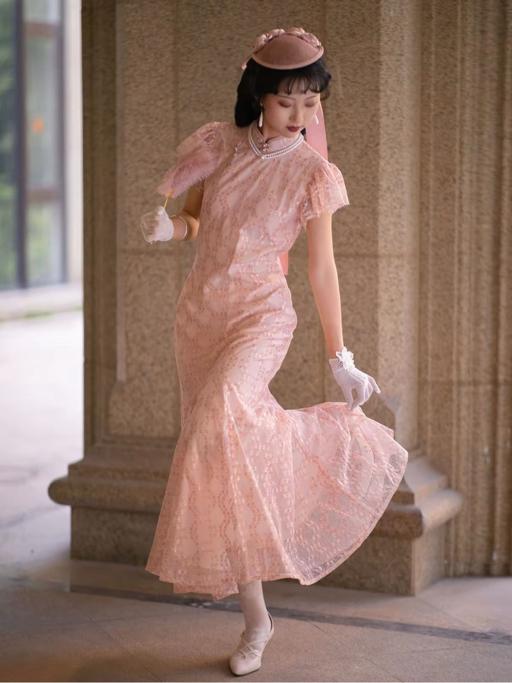 Blush Pink Lace Qipao Midi Dress with Vintage Flair